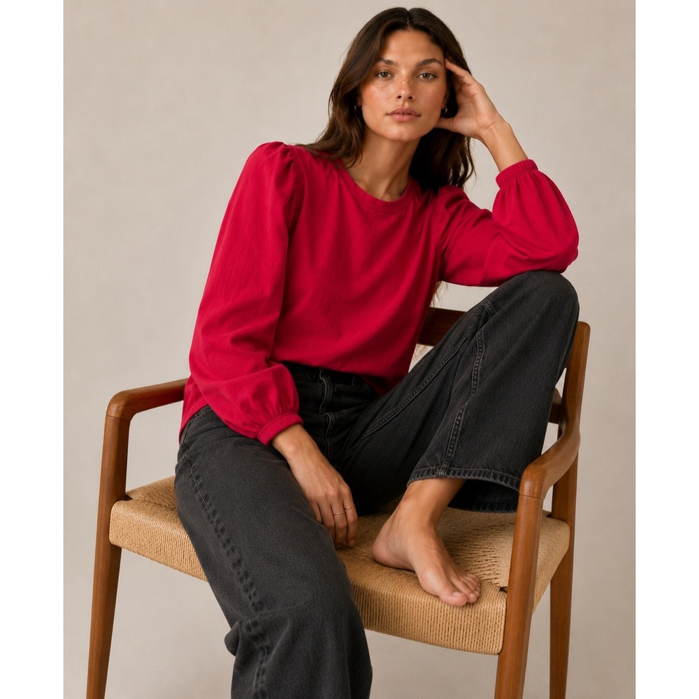 A.L.C. Red Puff Sleeve Cotton Crew Neck Top XS Gathered Bishop Balloon Sleeve
